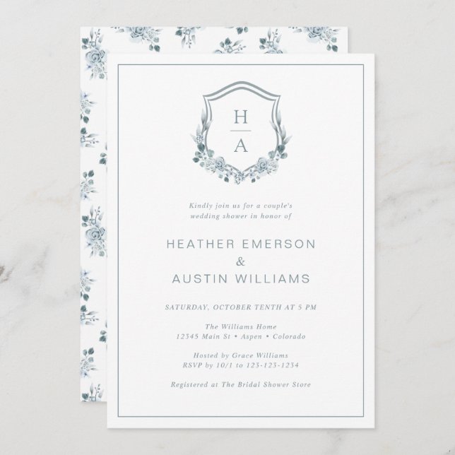 Invitation Wedding shower Floral Blue Couple (Devant / Derrière)