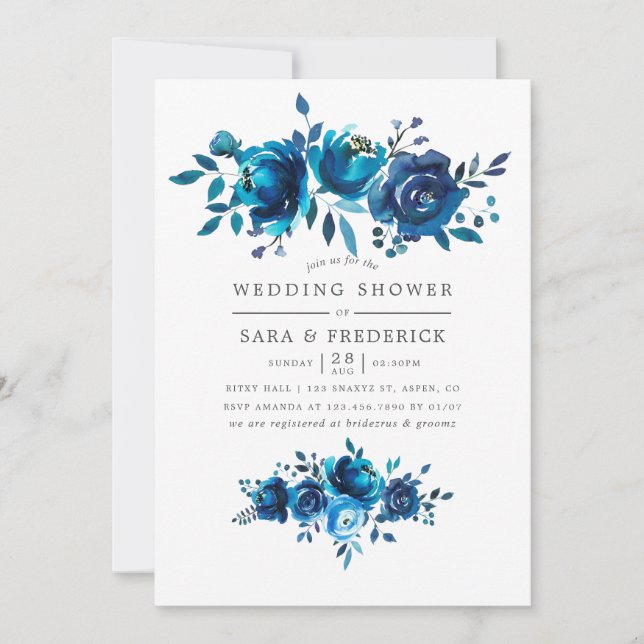 Invitation Wedding shower floral de couleur marine et blanche (Devant)