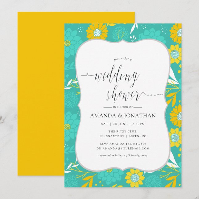 Invitation Wedding shower floral jaune et Turquoise (Devant / Derrière)