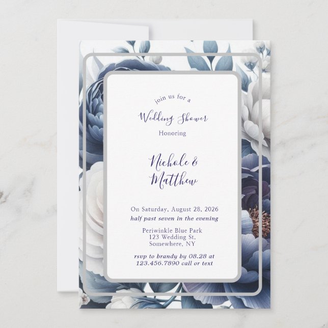 Invitation Wedding shower Marine Blue Peonés & White Roses (Devant)