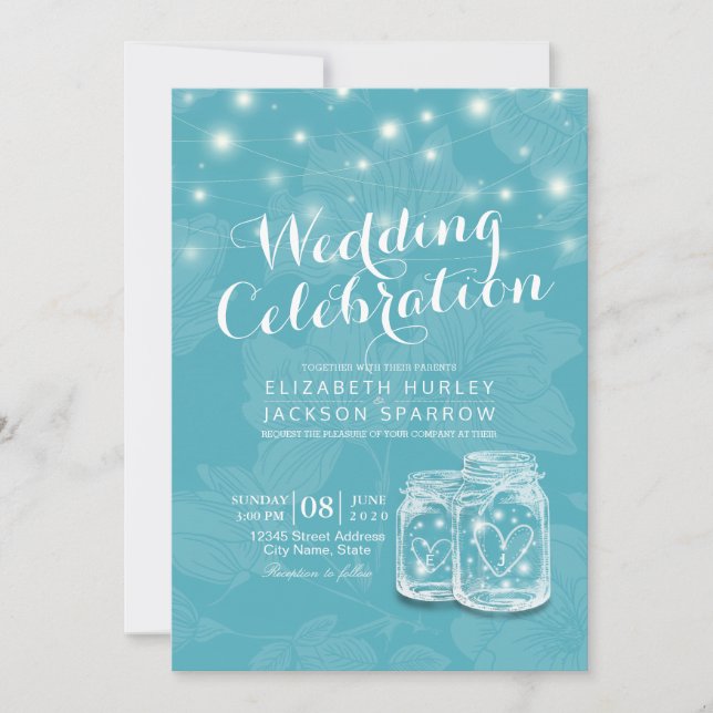 Invitation Wedding shower Mason Jar Chaîne Lumières Floral Bl (Devant)
