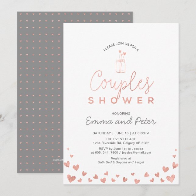 Invitation Wedding shower Mason Jar, Rose Gold & Grey Couples (Devant / Derrière)