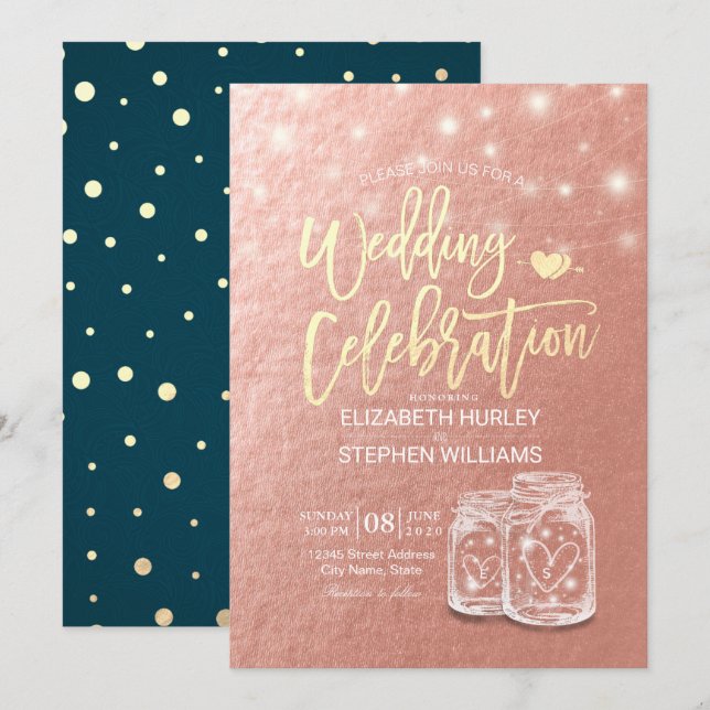 Invitation Wedding shower Mason Jars String Lights Rose Gold (Devant / Derrière)