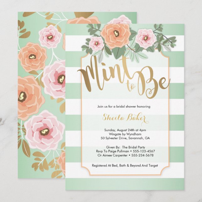 Invitation Wedding shower Mint & Gold - Mint to Be (Devant / Derrière)