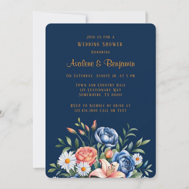 Invitation Wedding shower Navy Blue and Orange Peony (Devant)