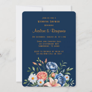 Invitation Wedding shower Navy Blue and Orange Peony