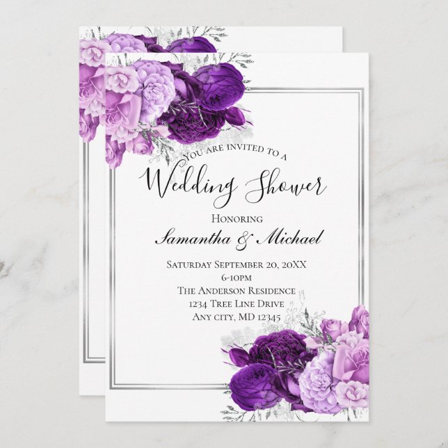 Invitation Wedding shower officiel élégant en argent violet (Devant / Derrière)