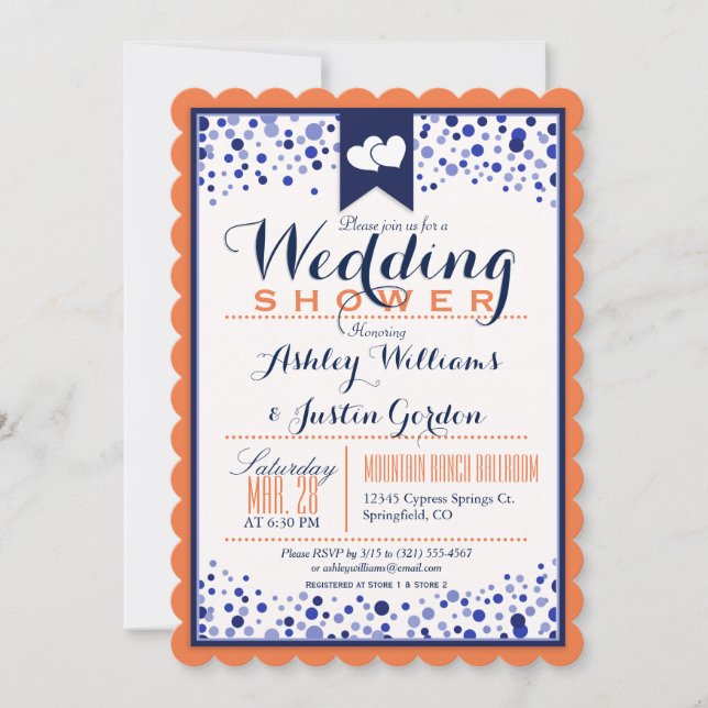 Invitation Wedding shower orange, blanc et bleu marine (Devant)