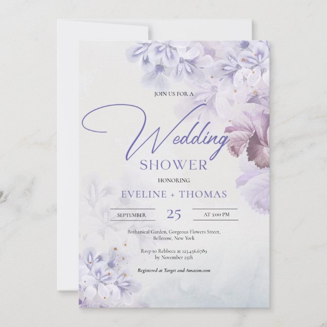 Invitation Wedding shower rose rose bleu violet mauve printan (Devant)