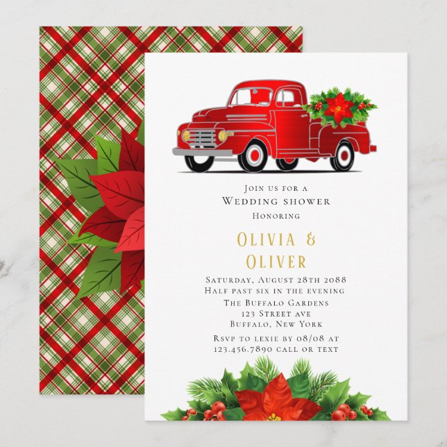 Invitation Wedding shower vintage de camion rouge Poinsettia (Devant / Derrière)