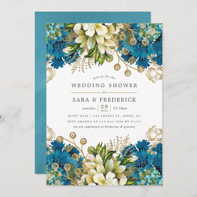 Invitation Wedding shower vintage Turquoise et Gold Shabby (Devant / Derrière)