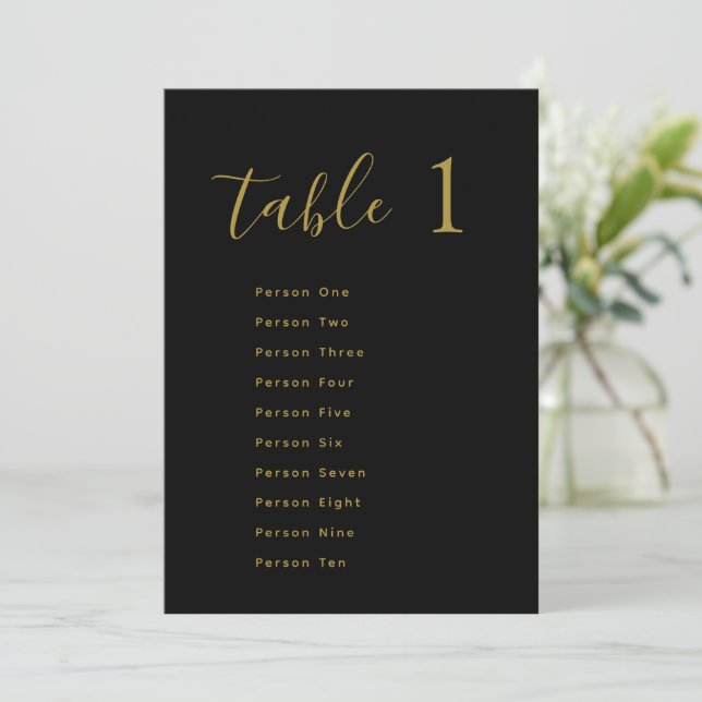 Invitation Wedding Table Seating Chart Cards | Gold on Black (Debout devant)