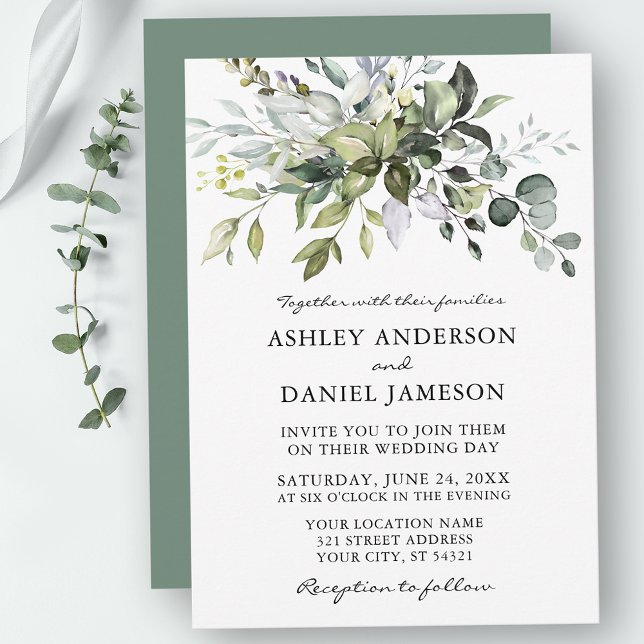 Invitation Wedding Watercolor Botanical Greenery Sage Green  (Customize to change text color, style, add text & photos to back or change color of back of card.)