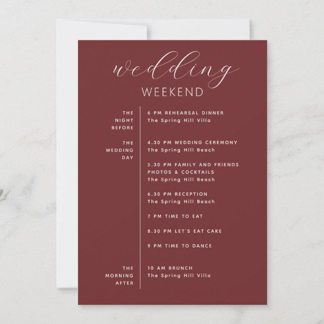 Invitation Wedding Weekend Itinerary | Deep Wine Red Timeline (Dos)