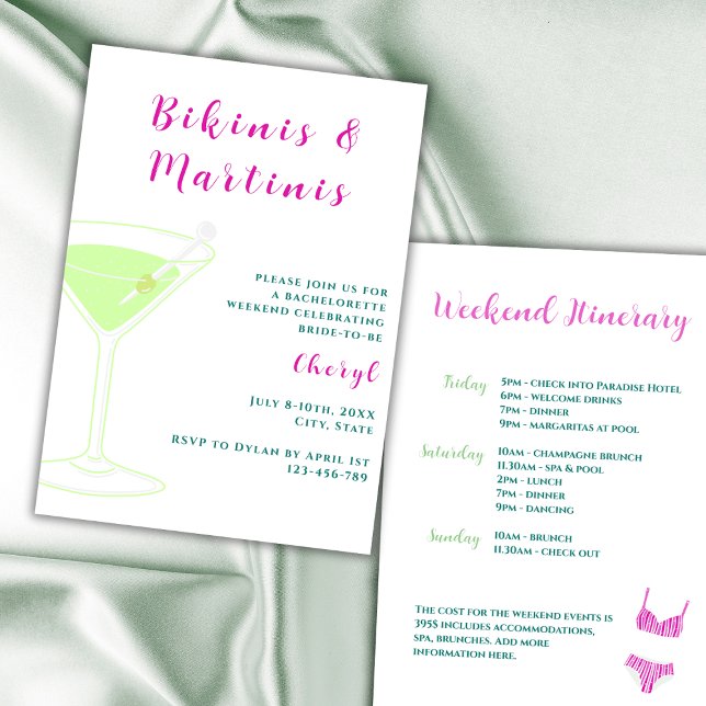 Invitation Week-End Bikinis Et Martinis Bachelorette (bikinis and martinis bachelorette party invitation vibrant pink and green weekend itinerary)