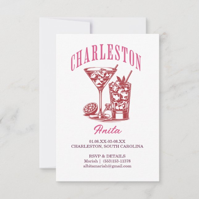 Invitation week-end charleston bachelorette cocktail rose rou (Devant)