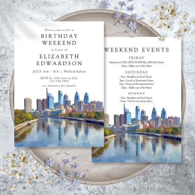 Invitation Week-end d'anniversaire aquarelle de Philadelphie (Philadelphia Watercolor Birthday Weekend Invitation)