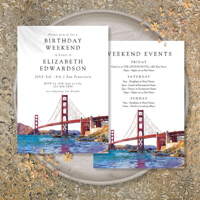 Invitation Week-end d'anniversaire aquarelle San Francisco (San Francisco Watercolor Birthday Weekend Invitation)