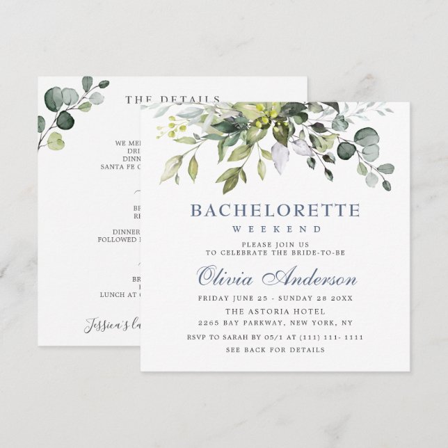Invitation Week-end de Bachelorette au vert élégant d'eucalyp (Devant / Derrière)