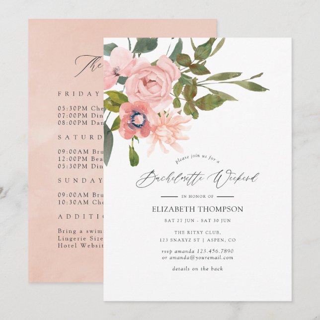 Invitation Week-end de Bachelorette Floral Rose et Doré (Devant / Derrière)