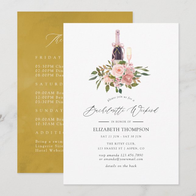 Invitation Week-end de Bachelorette Floral Rouge et Or (Devant / Derrière)