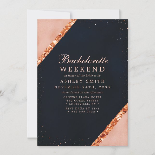 Invitation Week-end de Bachelorette Moderne Rose Pâle Navy Cu (Devant)