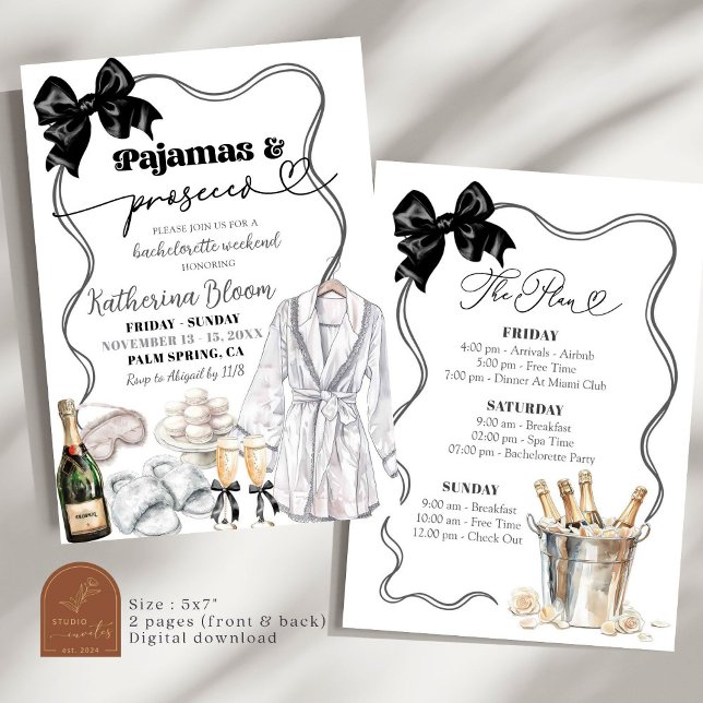 Invitation Week-end de Bachelorette Prosecco en Pyjama à Nœud (Créateur téléchargé)