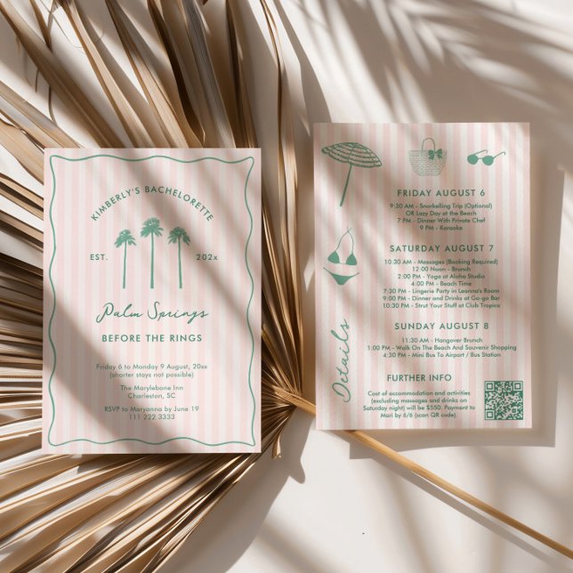 Invitation Week-end de célibataire à Palm Springs rose et ver (Double-sided Palm Springs Before the Rings theme bachelorette weekend party itinerary invitation)