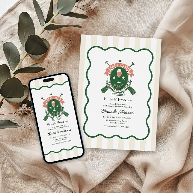 Invitation Week-end de célibataire au camp Pines & Prosecco (Pines & Prosecco Camp Bachelorette Weekend Invitation)