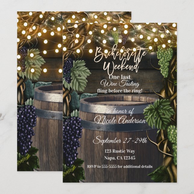 Invitation Week-end de célibataire au raisin en tonneau en bo (Devant / Derrière)