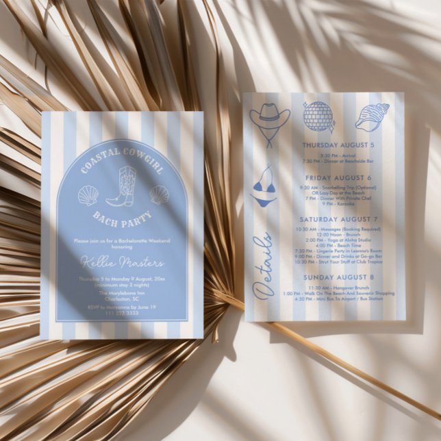 Invitation Week-end de célibataire de cowgirl côtière dessiné (Modern and elegant Coastal Cowgirl bachelorette weekend party invitations with customizable colors)