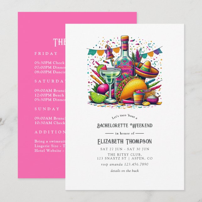 Invitation Week-end de célibataire Fiesta avec Tacos et Tequi (Devant / Derrière)