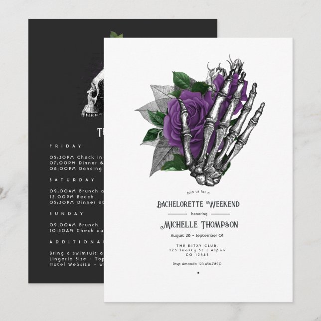 Invitation Week-end de célibataire gothique à fleurs violette (Devant / Derrière)