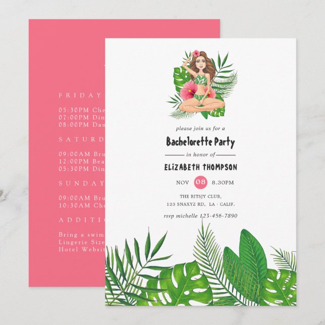 Invitation Week-end de célibataire Luau exotique aquarelle (Devant / Derrière)
