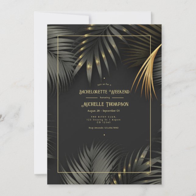 Invitation Week-end de célibataire tropical noir et or (Devant)