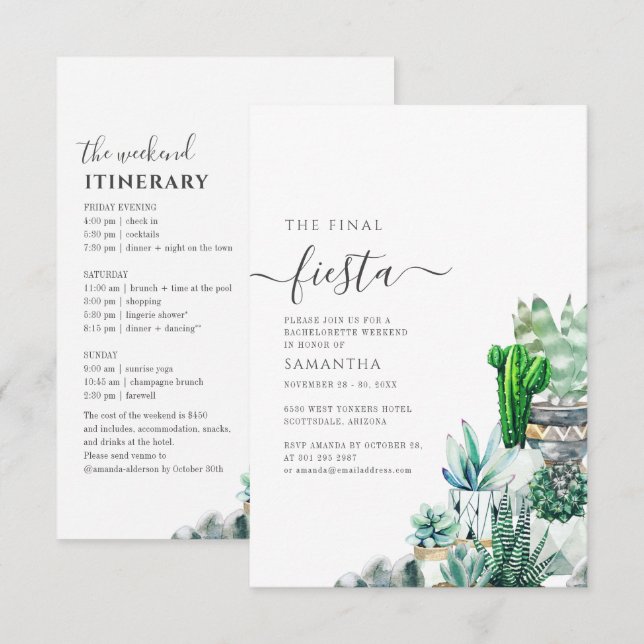 Invitation Week-end de fête de bachelorette avec cactus d'iti (Devant / Derrière)