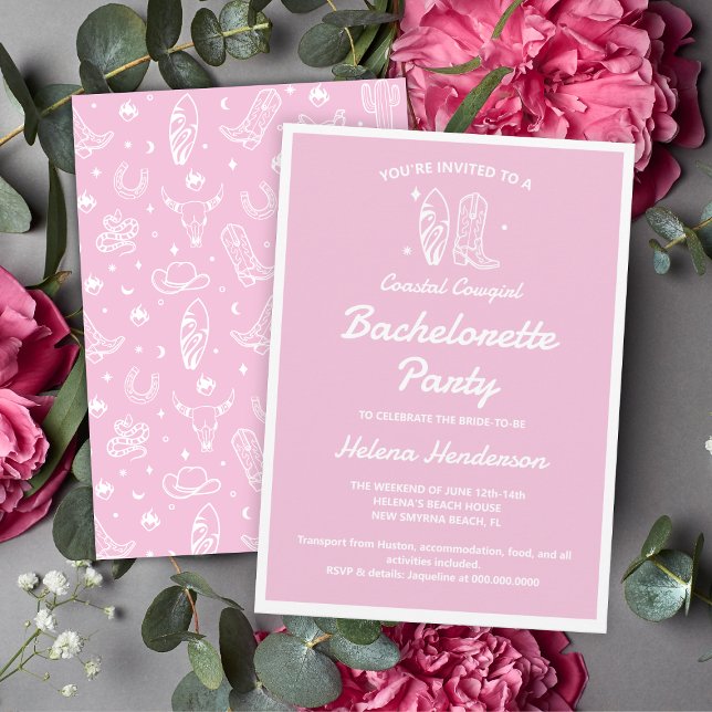 Invitation Week-end de fête d'enterrement de vie de jeune fil (Coastal Cowgirl Pink Bachelorette Party Weekend Invitation
)