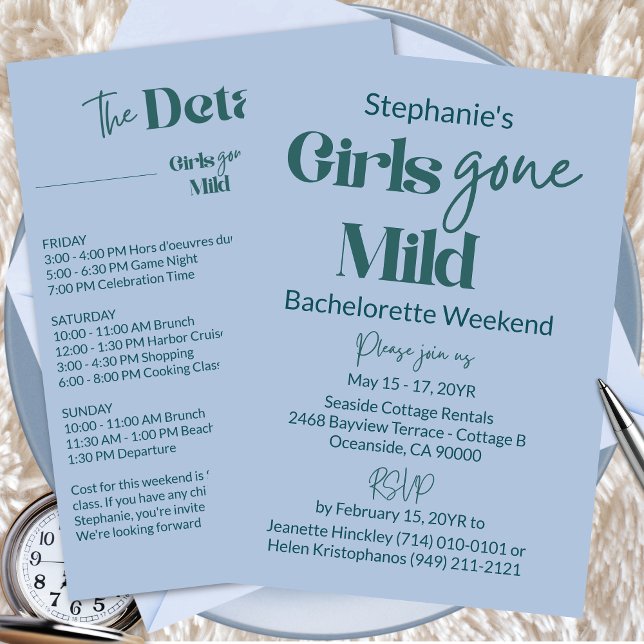 Invitation Week-end de plage pour enterrement de vie de jeune (Customizable Girls Gone Mild Modern Teal Blue Bachelorette Spa Weekend Itinerary Invitation)