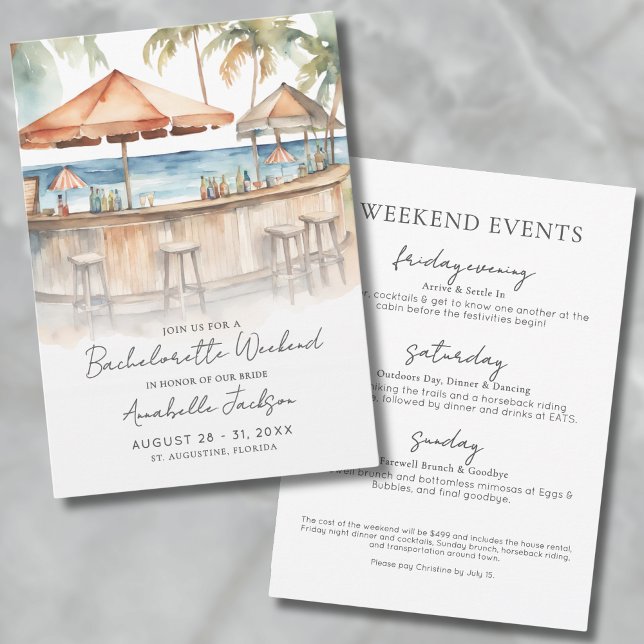 Invitation Week-end entre filles aquarelle plage enterrement  (Girls Weekend Watercolor Beach Bachelorette Party Invitation)