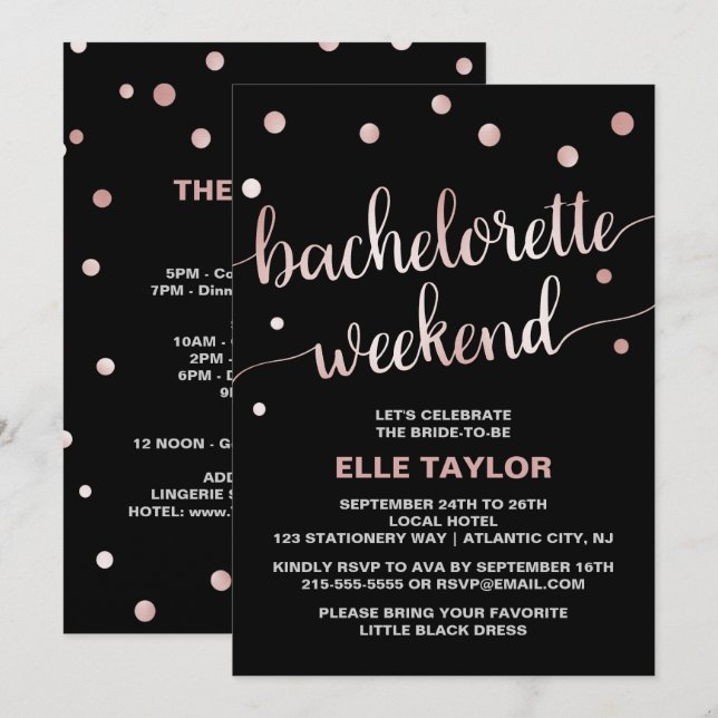 Invitation Week-end rose Gold Bachelorette avec Itinéraire (Devant / Derrière)