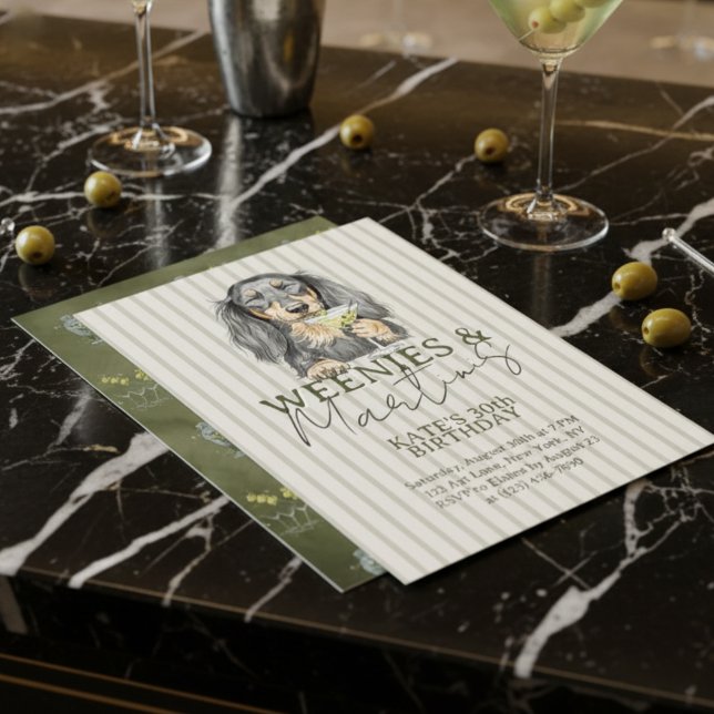 Invitation Weenies tirés à la main et Martinis Dachshund (Invite guests to your trendy party with this Hand Drawn Weenies and Martinis Dachshund Invitation!)