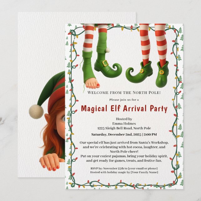 Invitation Welcome Elf Party | North Pole Arrival Celebration (Devant / Derrière)