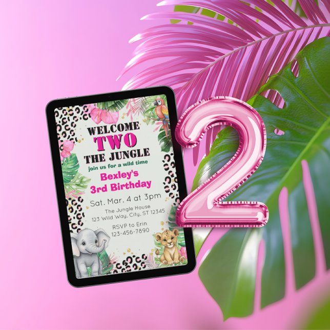 Invitation Welcome TWO Jungle Pink 2nd Birthday (Créateur téléchargé)