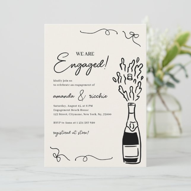 Invitation Were Engaged Hand Drawn Champagne Engagement Party (Debout devant)