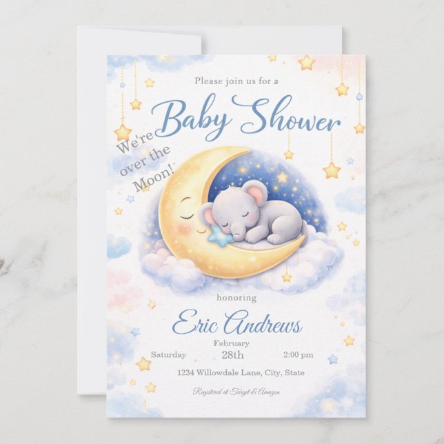 Invitation We're Over the Moon Elephant Boy Baby Shower (Devant)