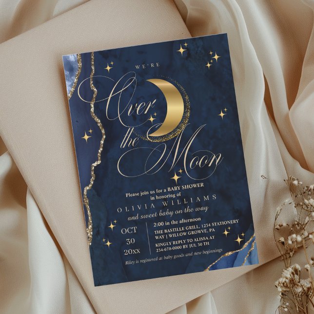 Invitation We're Over the Moon Gold Stars Blue Baby Shower  (Créateur téléchargé)