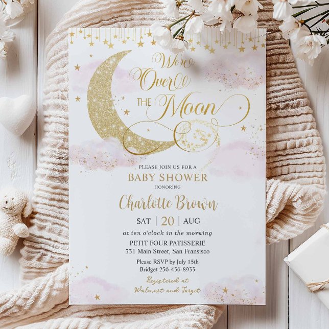 Invitation We're Over the Moon Stars Pink Gold Baby Shower (Créateur téléchargé)
