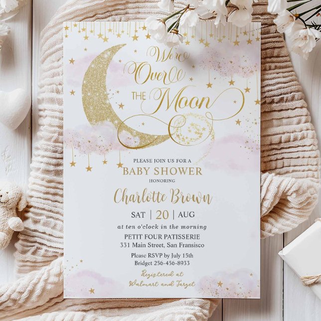 Invitation We're Over the Moon Stars Pink Gold Baby Shower (Créateur téléchargé)