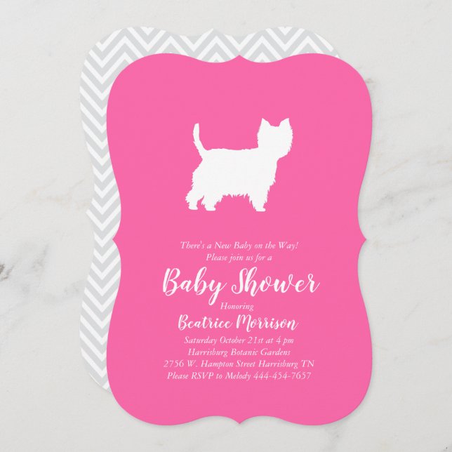 Invitation West Highland Terrier Chien Baby shower Rose Girl (Devant / Derrière)