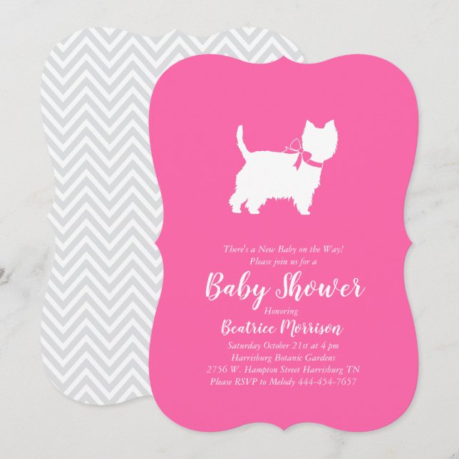 Invitation West Highland Terrier Chien Baby shower Rose Girl (Devant / Derrière)